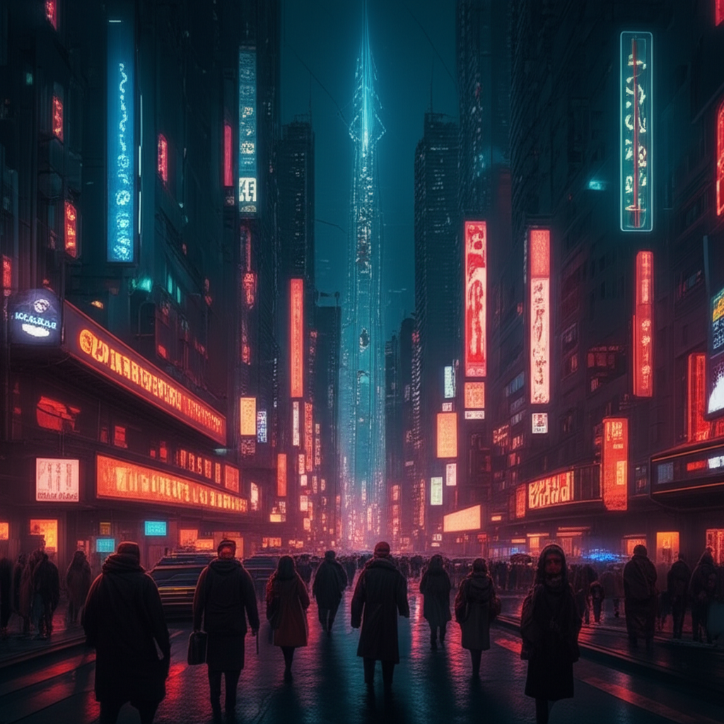 cyberpunk city night scene