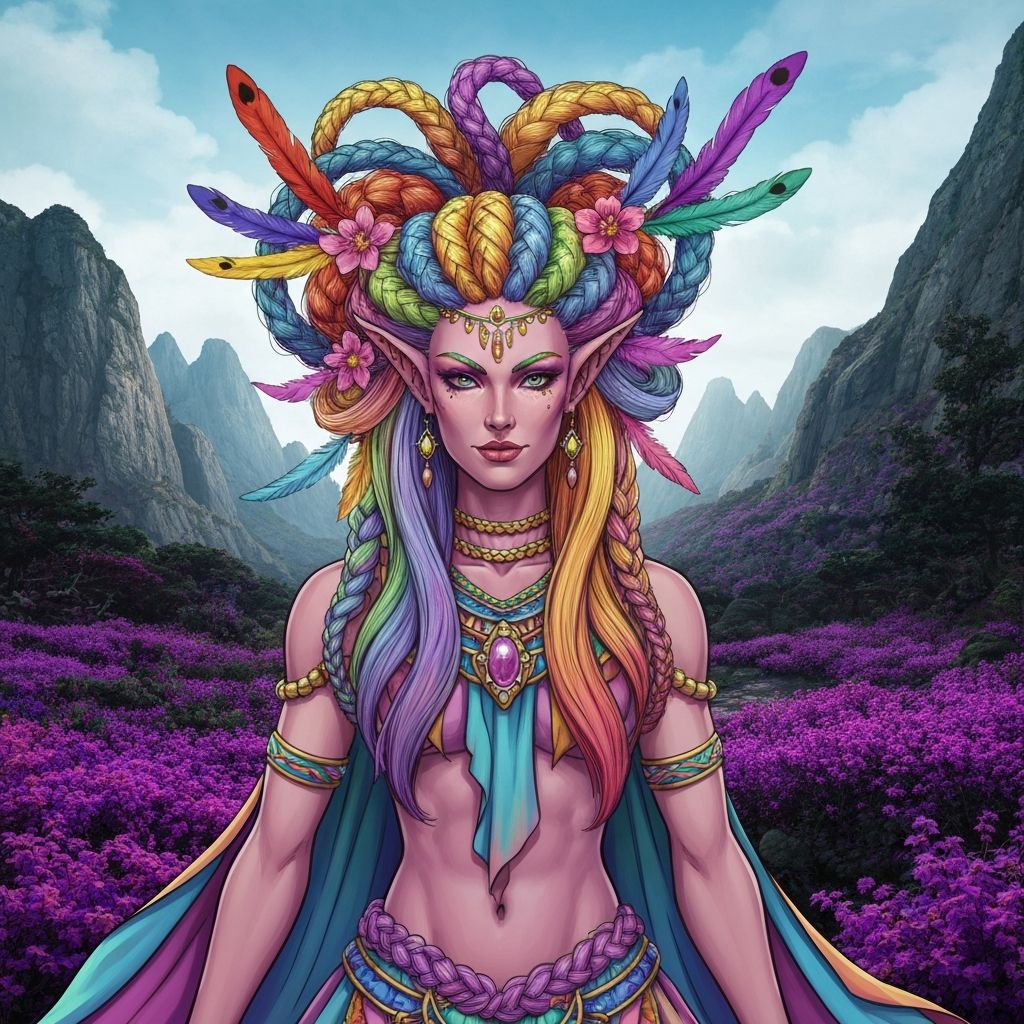 fantasy character with colorful hair